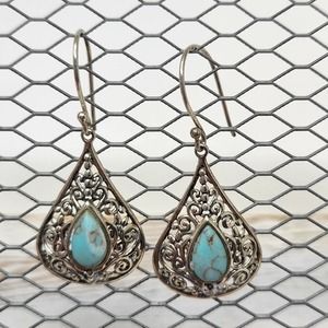 Sterling Silver 925 Blue Stone Teardrop Dangle Drop Hook Earrings Filigree